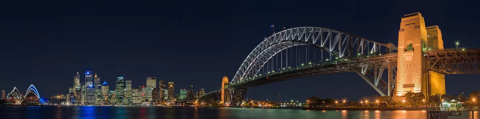 Sydney Harbour Bridge and the Opera House skyline at dusk