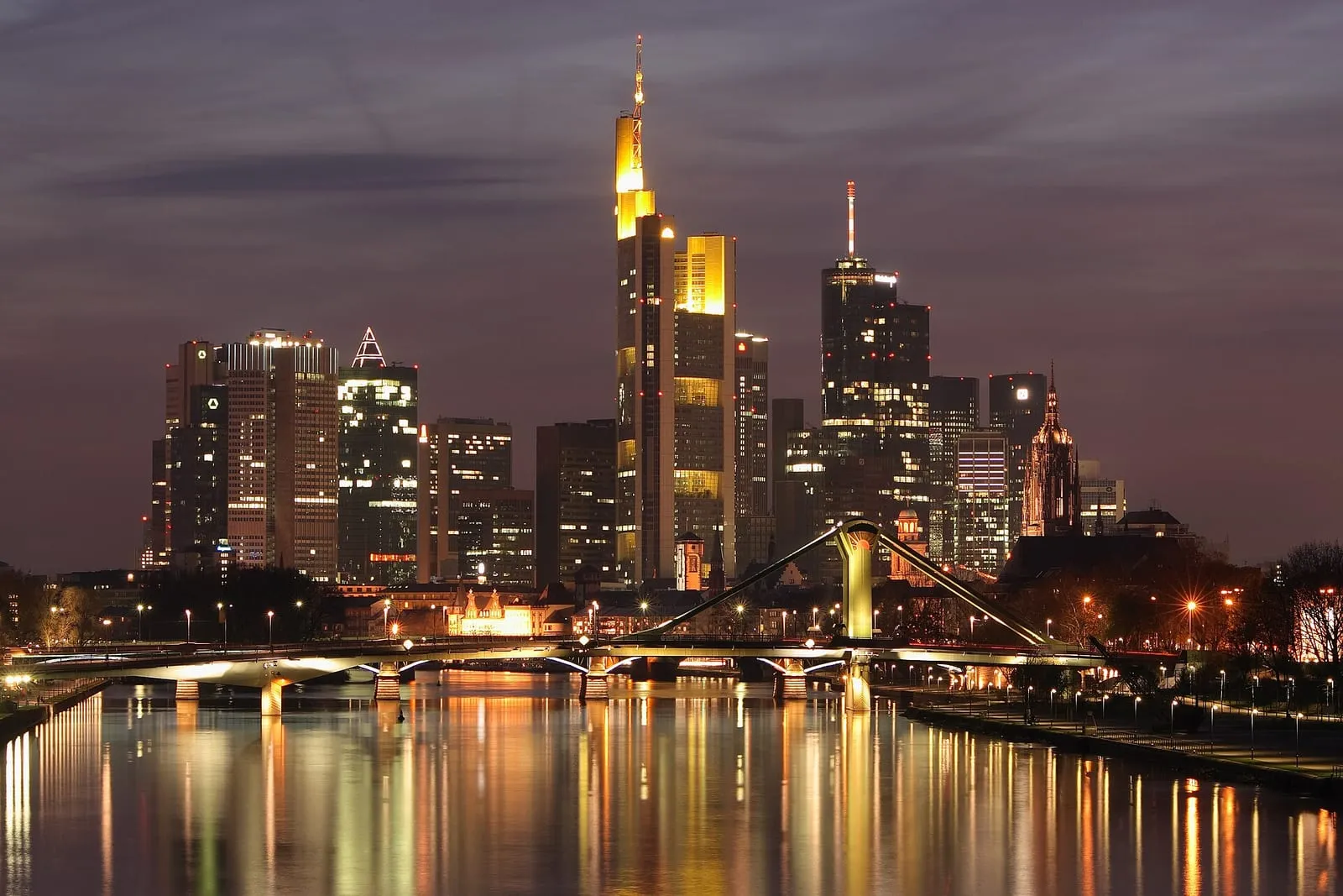 The Frankfurt skyline of high-rise office and bank towers along the Main river at dusk