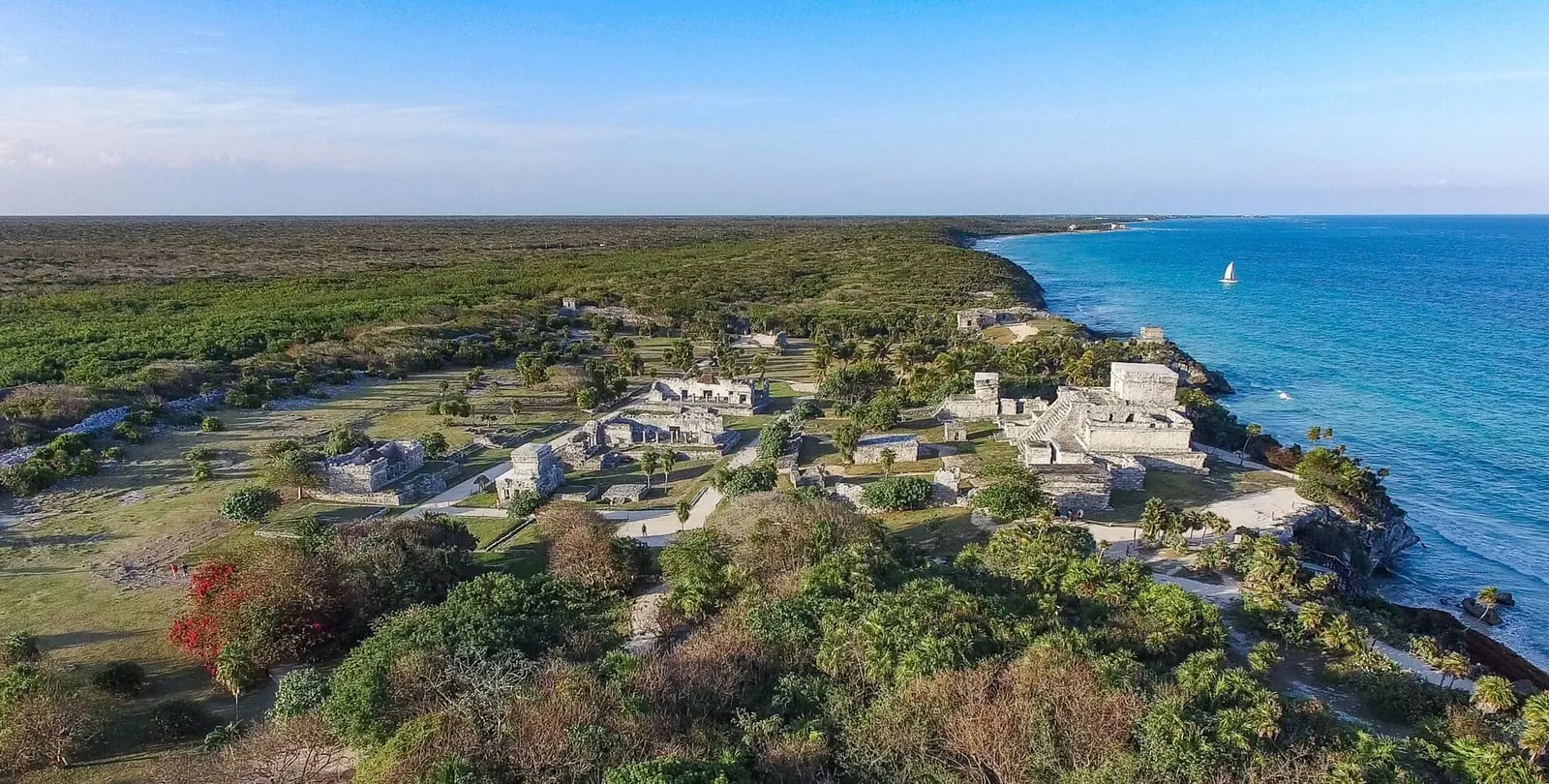Aerial view of the Tulum Maya ruins on Mexico's turquoise Caribbean coastline