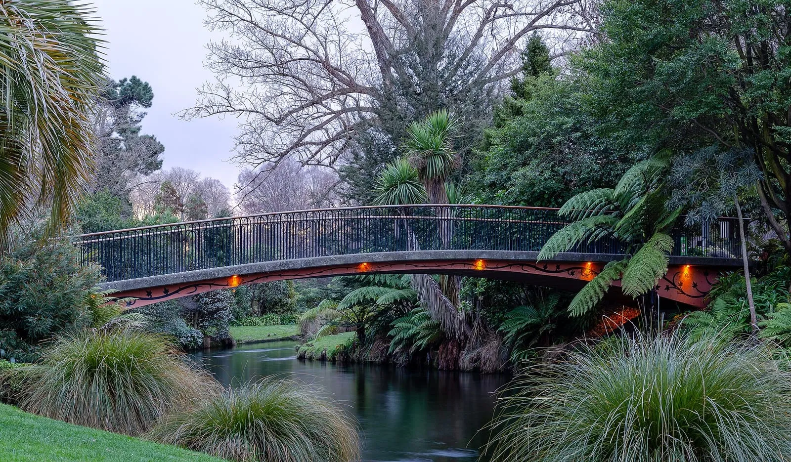 Footbridge over the Avon River into the Christchurch Botanic Gardens, New Zealand