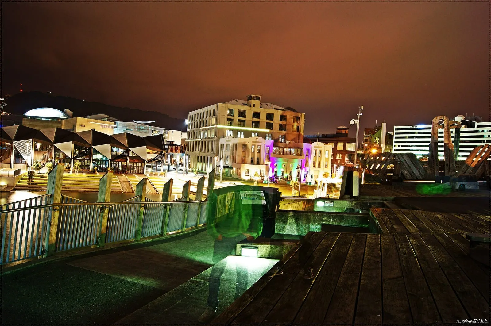 Wellington, New Zealand, at night with city lights reflected in the harbour