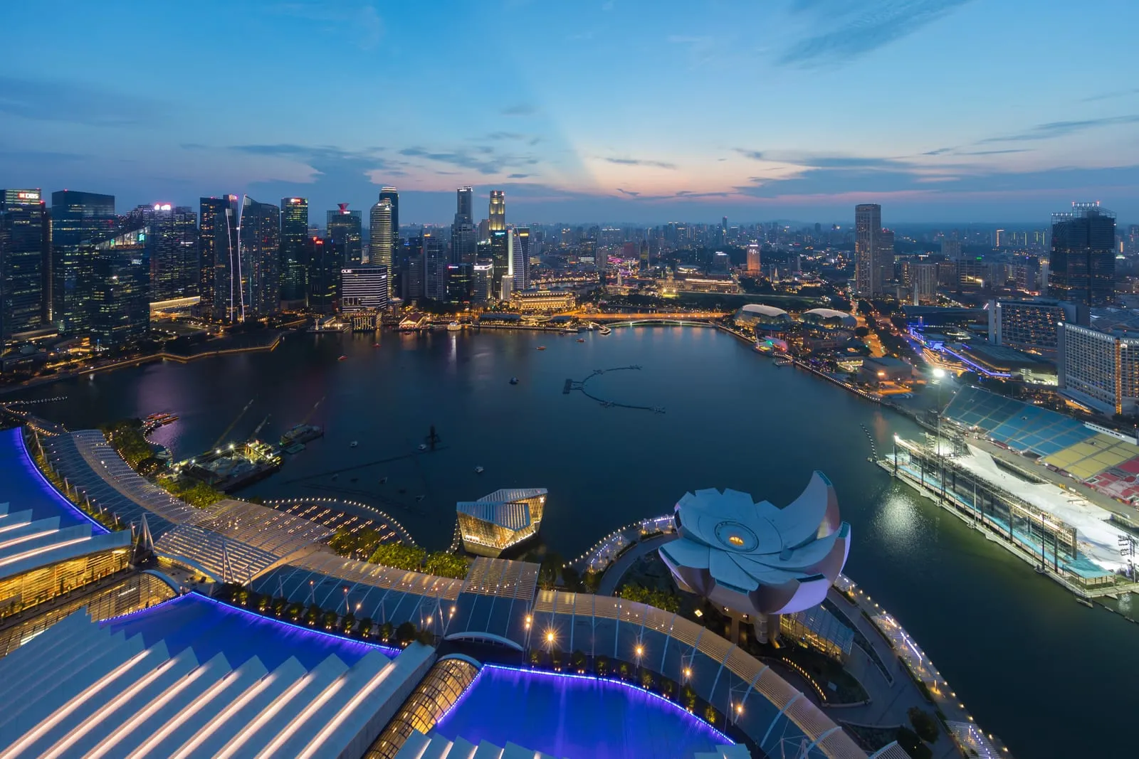 Singapore Central Business District skyline at dusk seen from Marina Bay